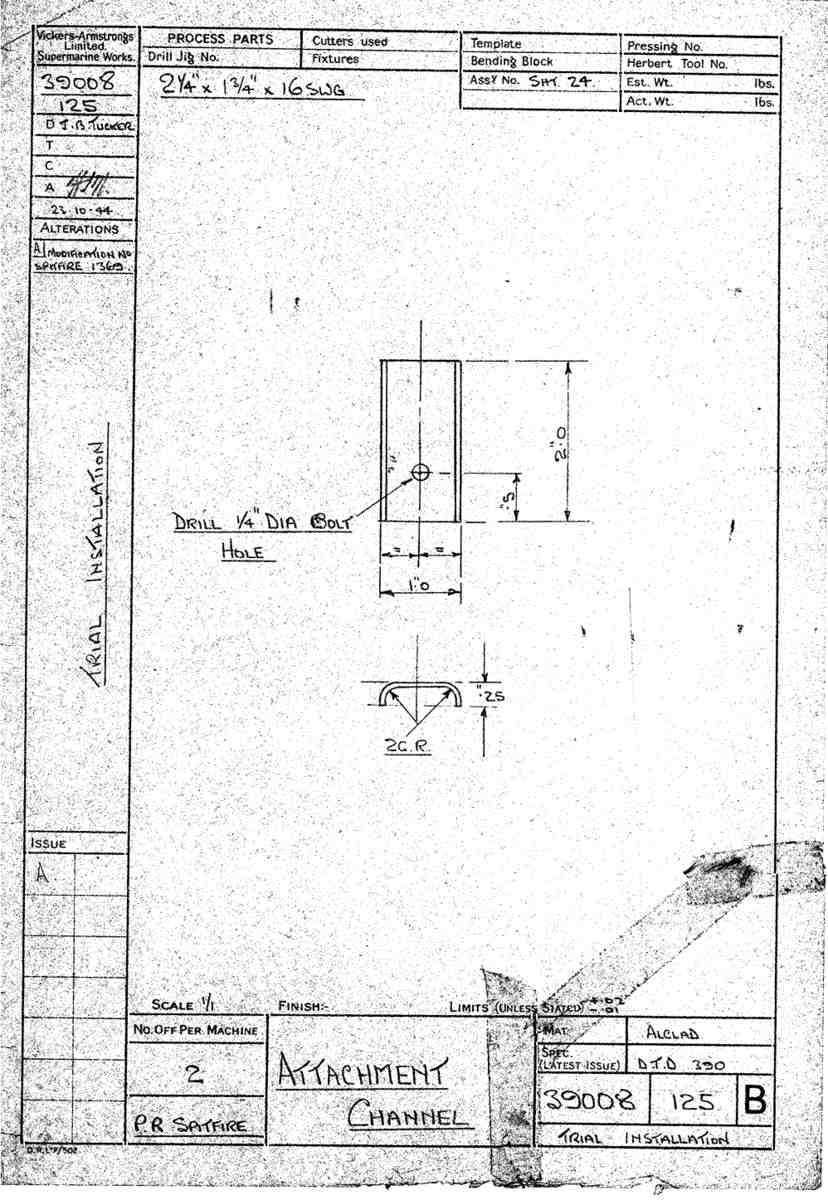 Spitfire Type 390 Mk XIX Blueprints 39008 125 B Attachment Channel A4 Photo Print