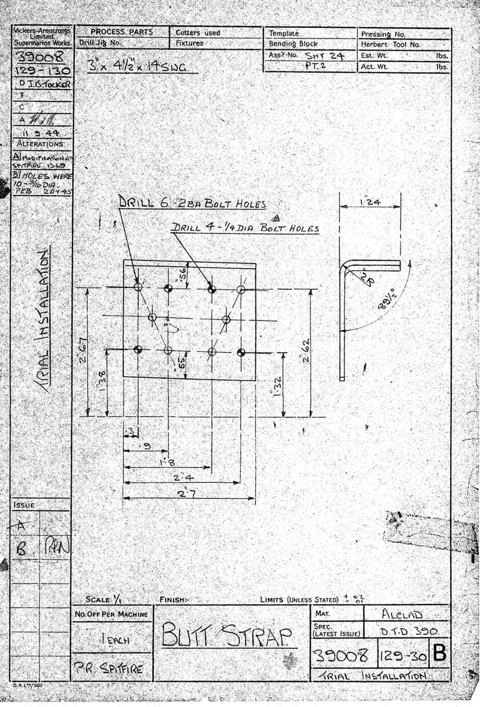 Spitfire Type 390 Mk XIX Blueprints 39008 129130 B Buttstrap A4 Photo Print