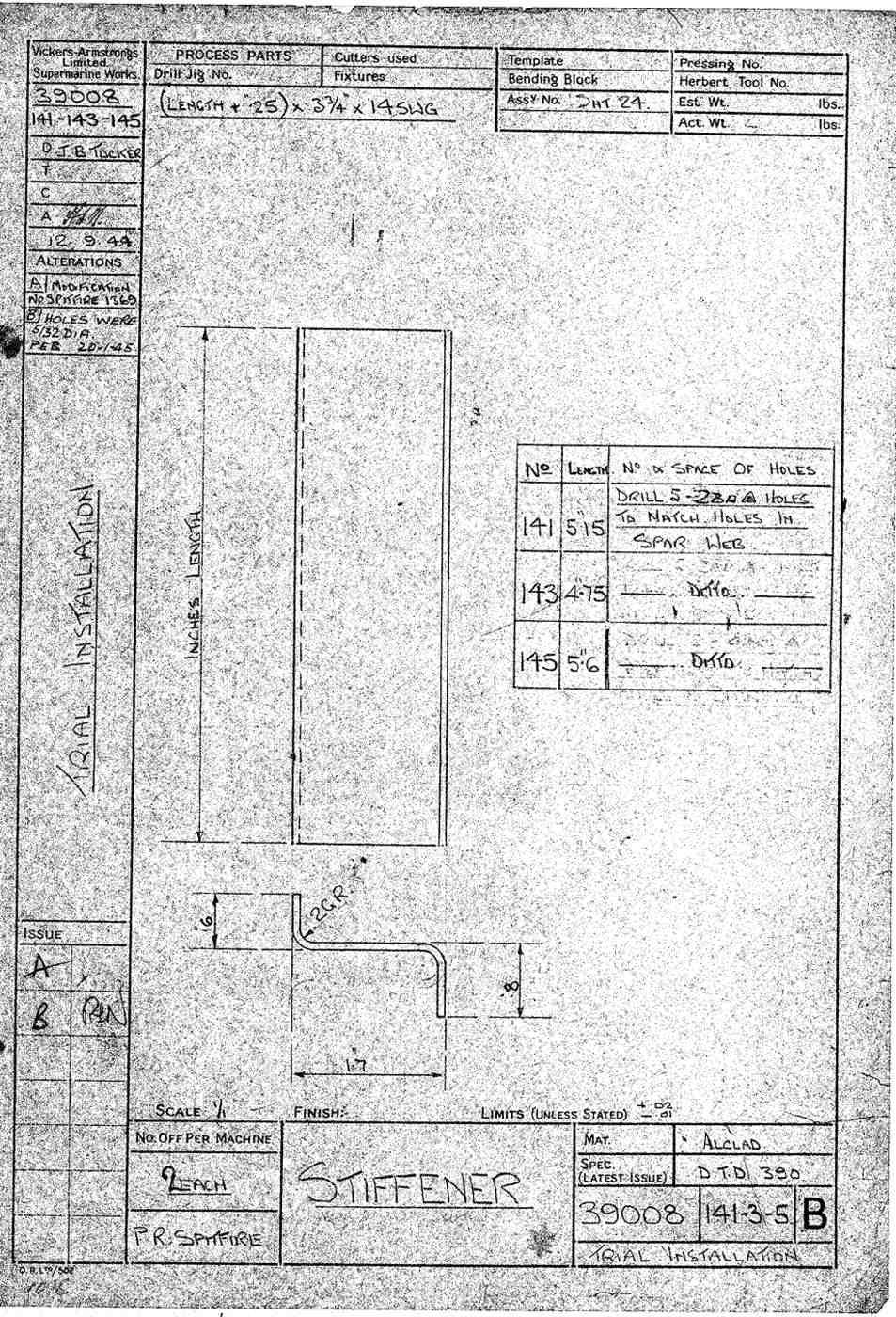 Spitfire Type 390 Mk XIX Blueprints 39008 141143145 B Stiffener A4 Photo Print