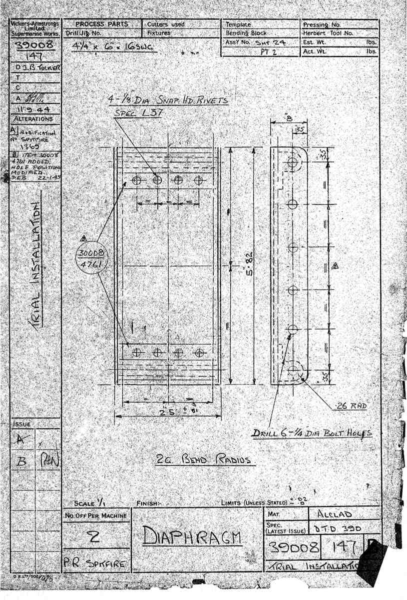 Spitfire Type 390 Mk XIX Blueprints 39008 147 B Diaphragm A4 Photo Print