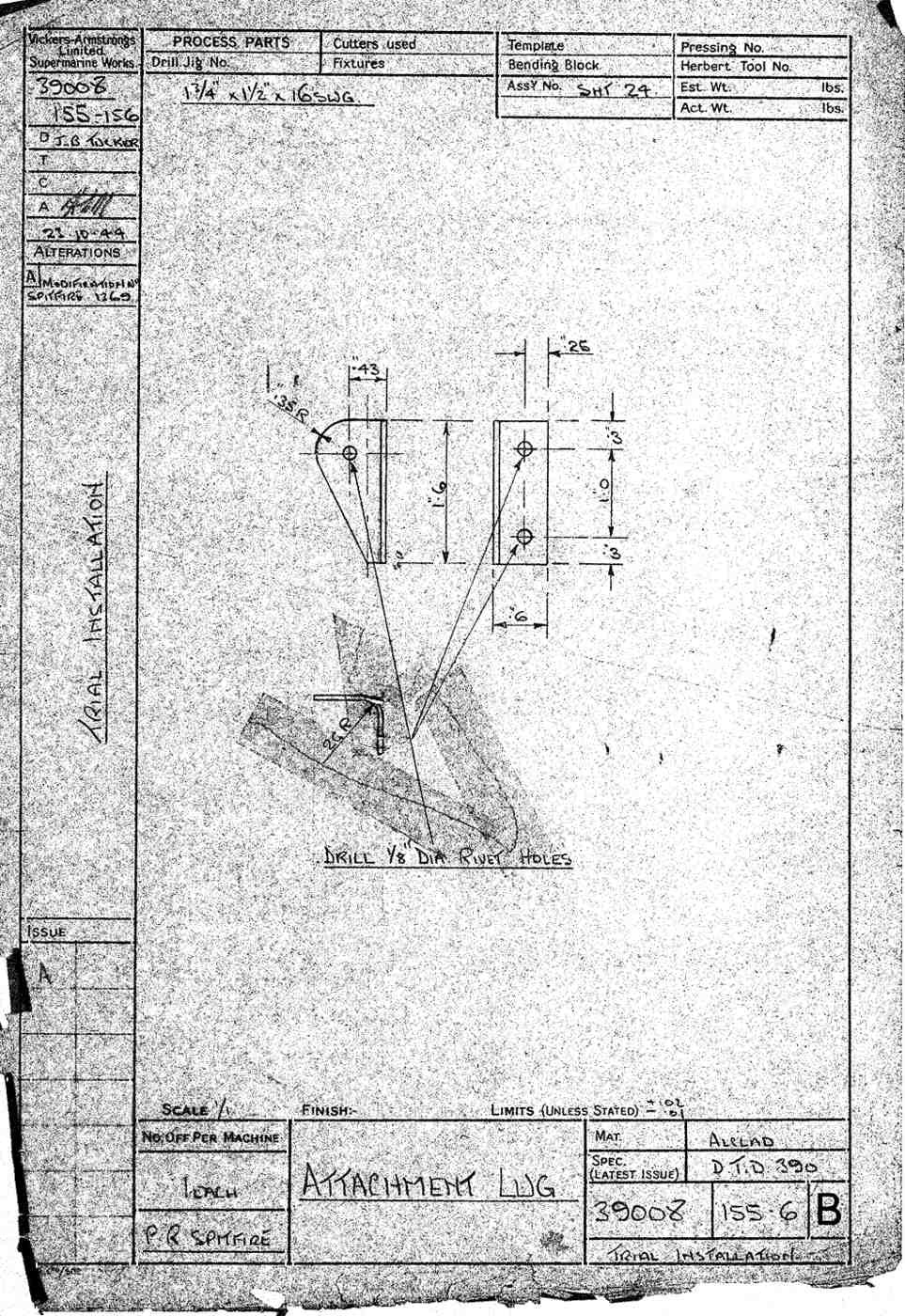 Spitfire Type 390 Mk XIX Blueprints 39008 155156 B Attachment Lug A4 Photo Print
