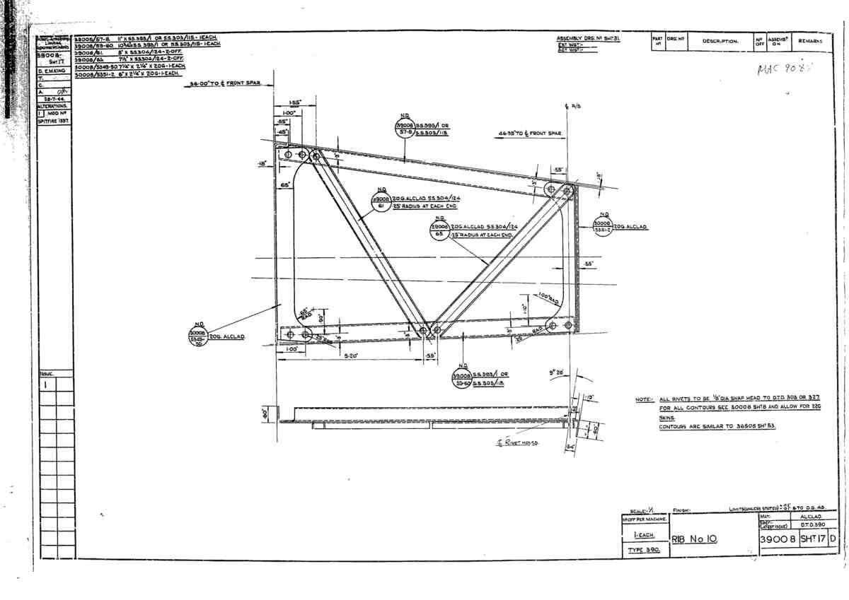 Spitfire Type 390 Mk XIX Blueprints 39008 17 D Rib No 10 A4 Photo Print