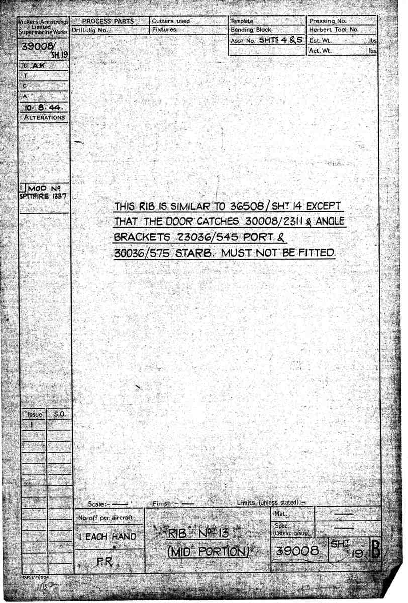 Spitfire Type 390 Mk XIX Blueprints 39008 19 B Rib No13 Mid Portion A4 Photo Print