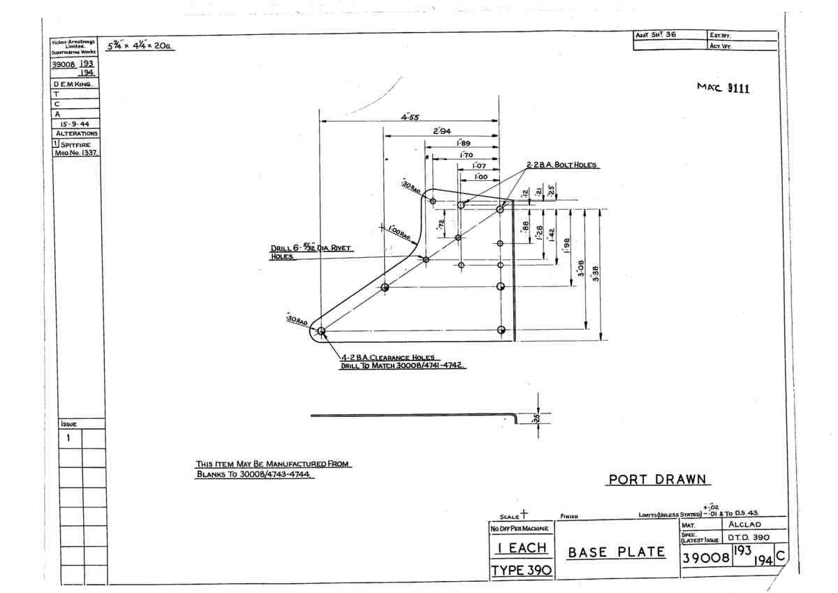 Spitfire Type 390 Mk XIX Blueprints 39008 193,194 C Base Plate A4 Photo Print