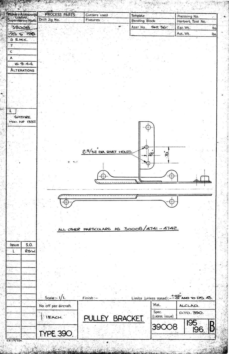 Spitfire Type 390 Mk XIX Blueprints 39008 195196 B Pulley Bracket A4 Photo Print