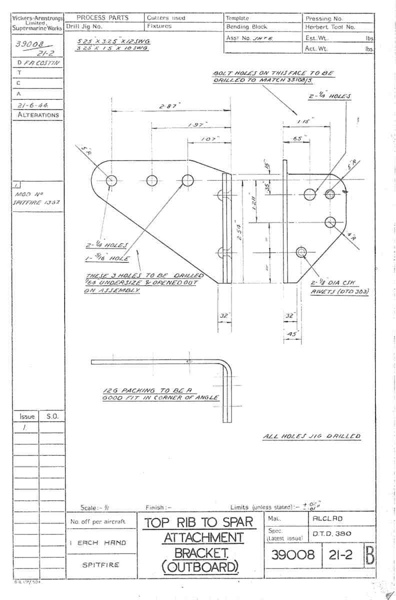 Spitfire Type 390 Mk XIX Blueprints 39008 21,22 B Top Rib to Spar Attachment Bracket A4 Photo Print