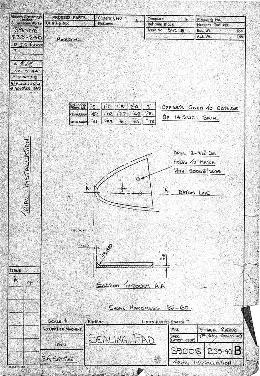 Spitfire Type 390 Mk XIX Blueprints 39008 239,240 B Sealing Pad A4 Photo Print
