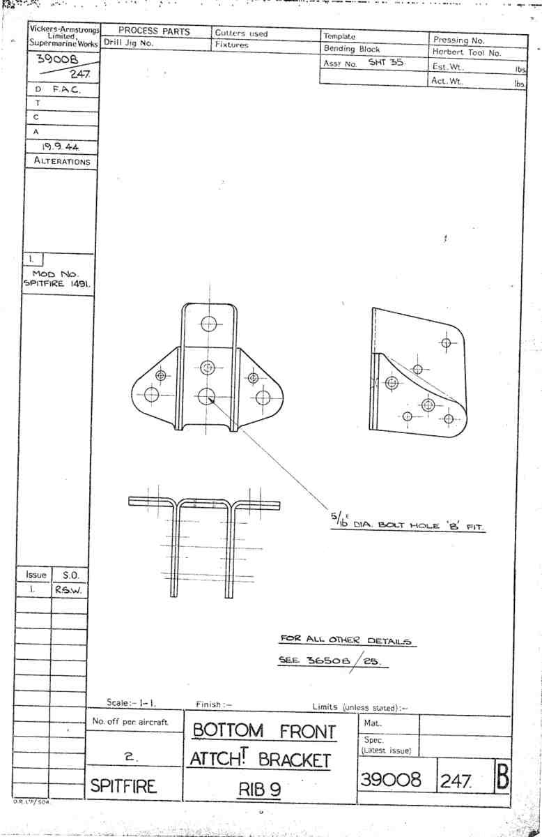 Spitfire Type 390 Mk XIX Blueprints 39008 247 B Bottom Attachment Bracket Rib9 A4 Photo Print