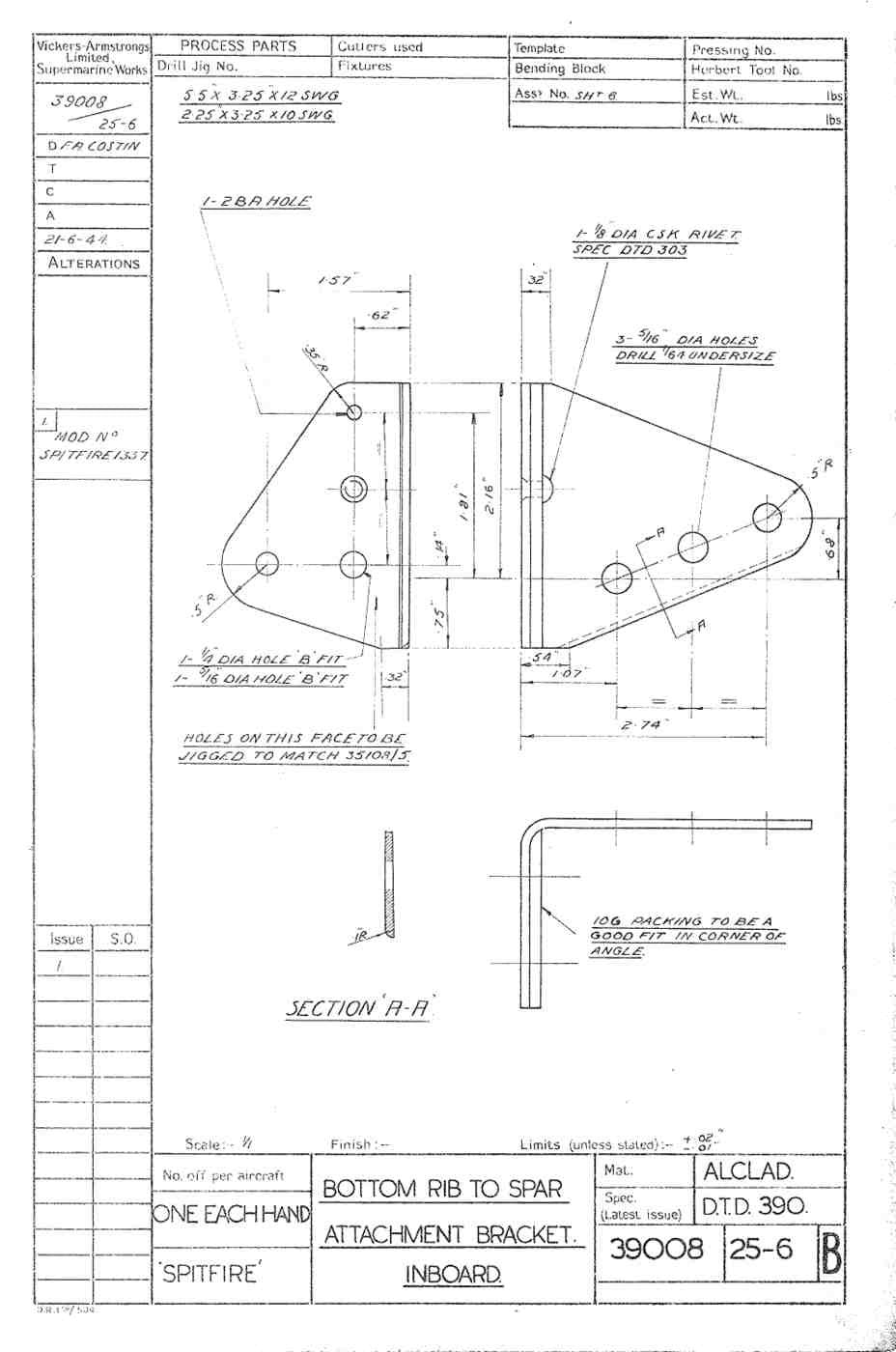 Spitfire Type 390 Mk XIX Blueprints 39008 2526 B Bottom Rib to Spar Attachment Bracket Inboard A4 Photo Print
