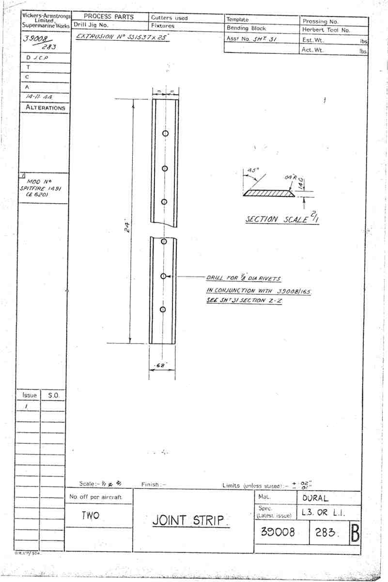 Spitfire Type 390 Mk XIX Blueprints 39008 283 B Joint Strip A4 Photo Print