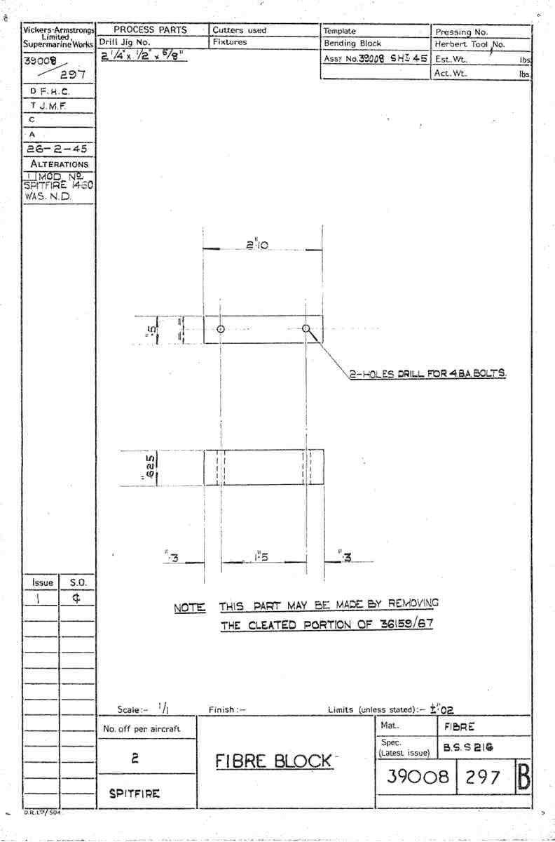 Spitfire Type 390 Mk XIX Blueprints 39008 297 B Fibre Block A4 Photo Print