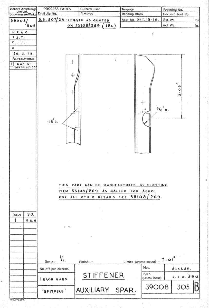 Spitfire Type 390 Mk XIX Blueprints 39008 305 B Stiffener Auxiliary Spar A4 Photo Print