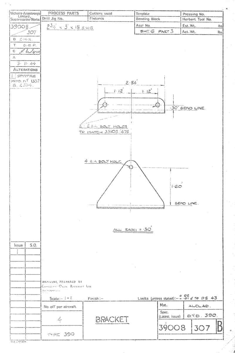 Spitfire Type 390 Mk XIX Blueprints 39008 307 B Bracket A4 Photo Print