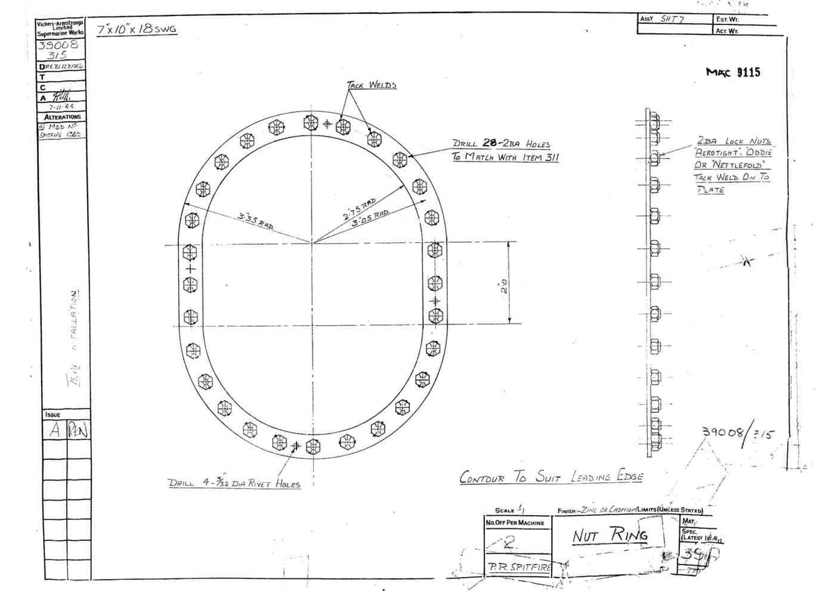 Spitfire Type 390 Mk XIX Blueprints 39008 315Nut Ring A4 Photo Print