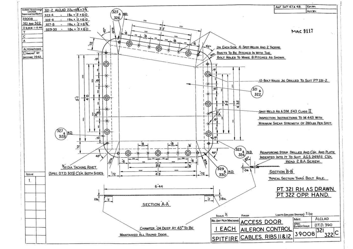 Spitfire Type 390 Mk XIX Blueprints 39008 321322 C Access Door Aileron Control Cables Ribs 11 12 A4 Photo Print