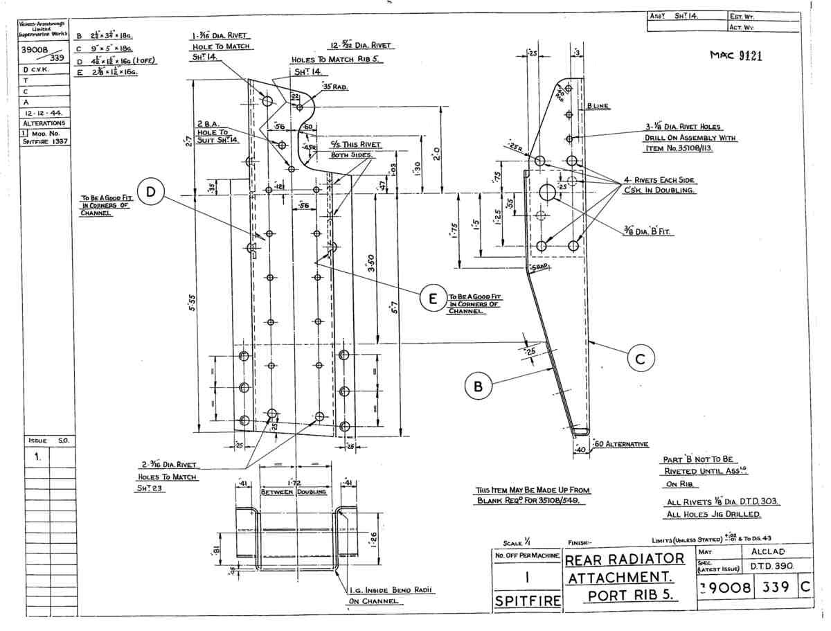 Spitfire Type 390 Mk XIX Blueprints 39008 339 C Rear Radiator Attachment Port Rib 5 A4 Photo Print