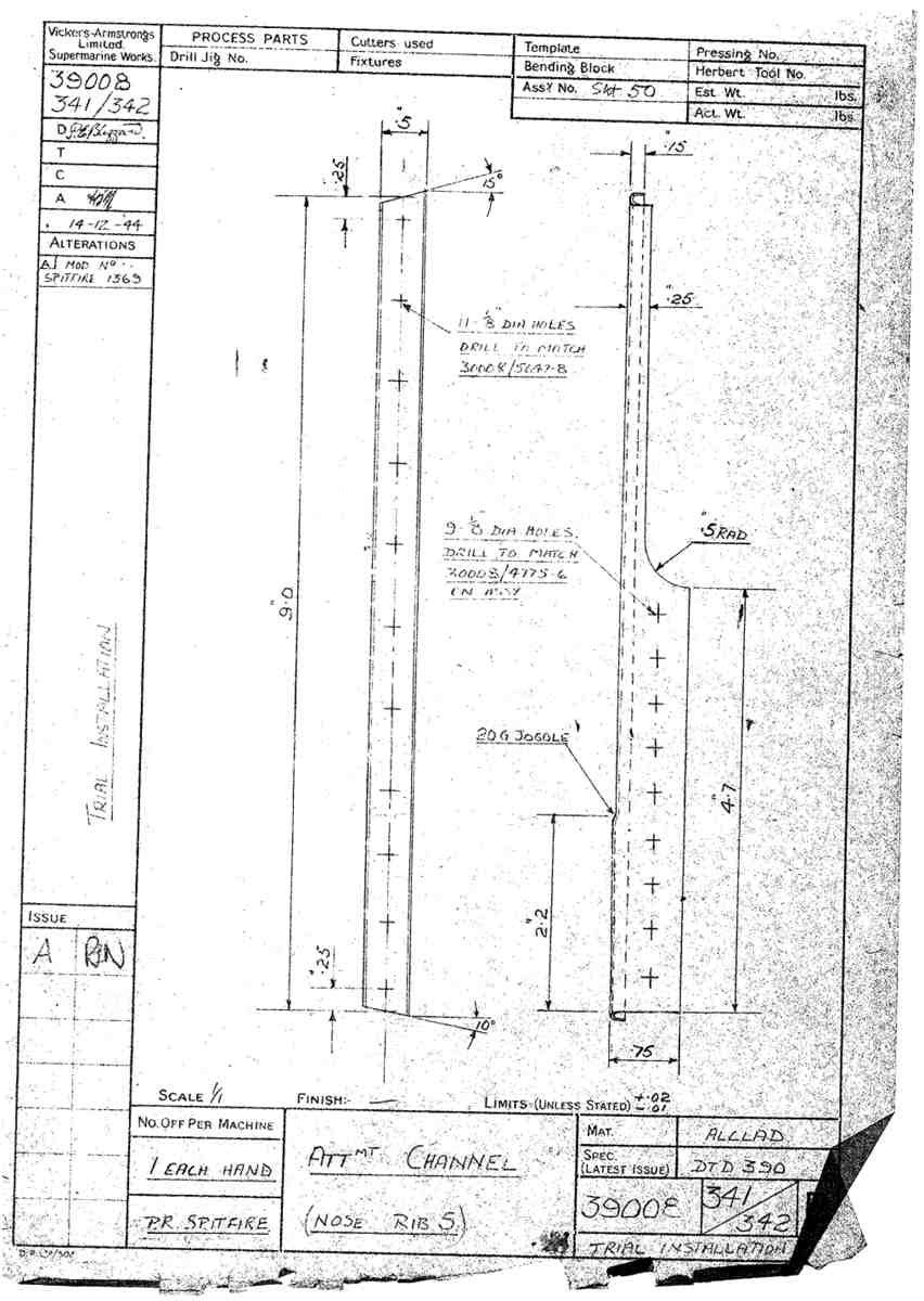 Spitfire Type 390 Mk XIX Blueprints 39008 341,342 B Attachment Channel nose Rib5 A4 Photo Print