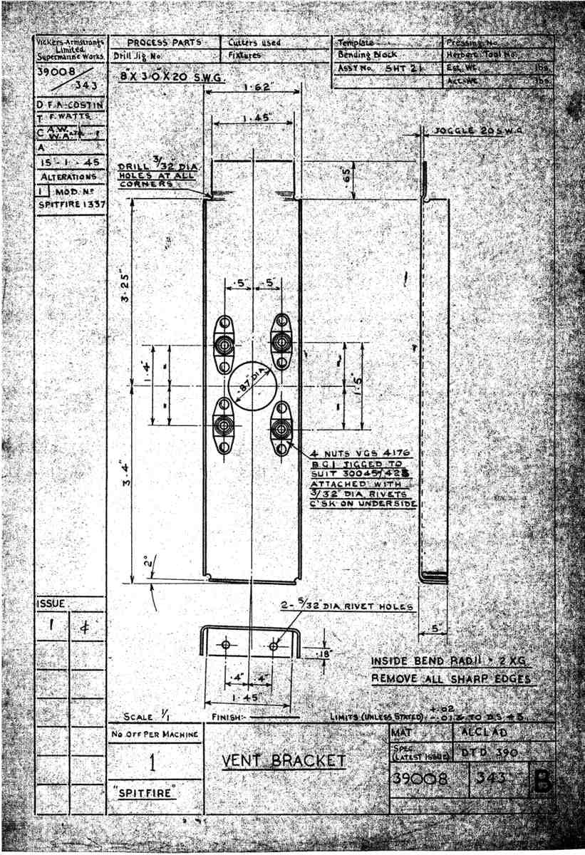 Spitfire Type 390 Mk XIX Blueprints 39008 343 B Vent Bracket A4 Photo Print