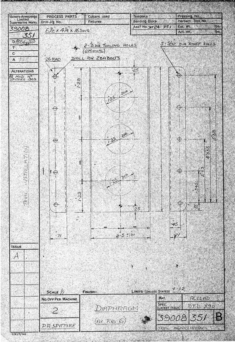 Spitfire Type 390 Mk XIX Blueprints 39008 351 B Diaphragm at Rib6 A4 Photo Print