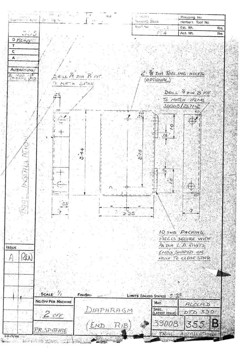 Spitfire Type 390 Mk XIX Blueprints 39008 355 B Diaphragm end Rib A4 Photo Print