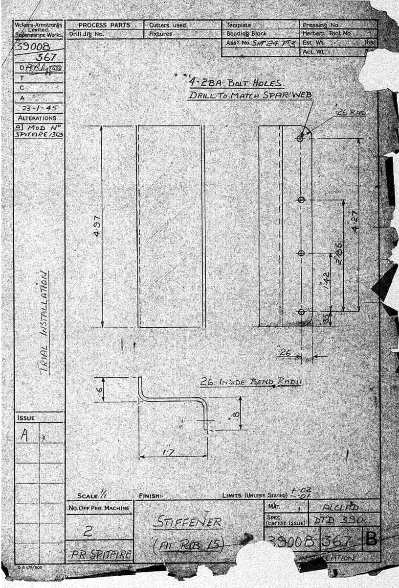 Spitfire Type 390 Mk XIX Blueprints 39008 367 B Stiffener at Rib15 A4 Photo Print