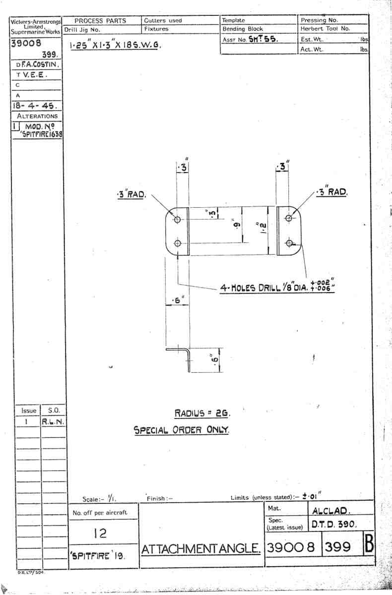 Spitfire Type 390 Mk XIX Blueprints 39008 399 B Attachment Angle A4 Photo Print