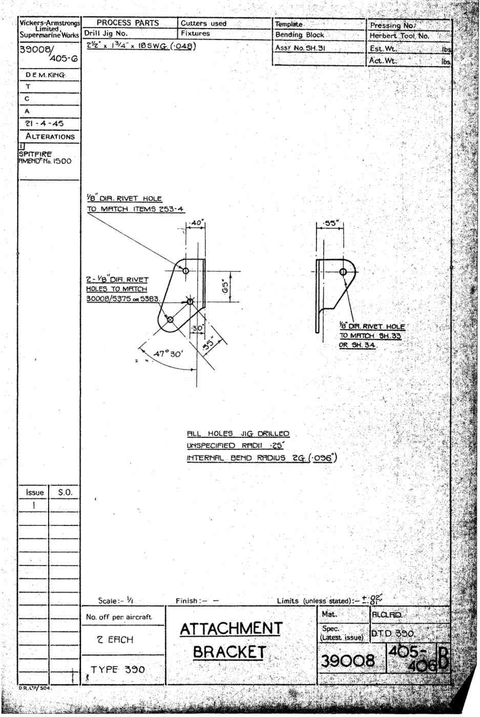 Spitfire Type 390 Mk XIX Blueprints 39008 405406 B Attachment Bracket A4 Photo Print