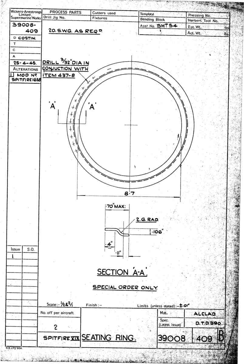 Spitfire Type 390 Mk XIX Blueprints 39008 409 B Seating Ring A4 Photo Print