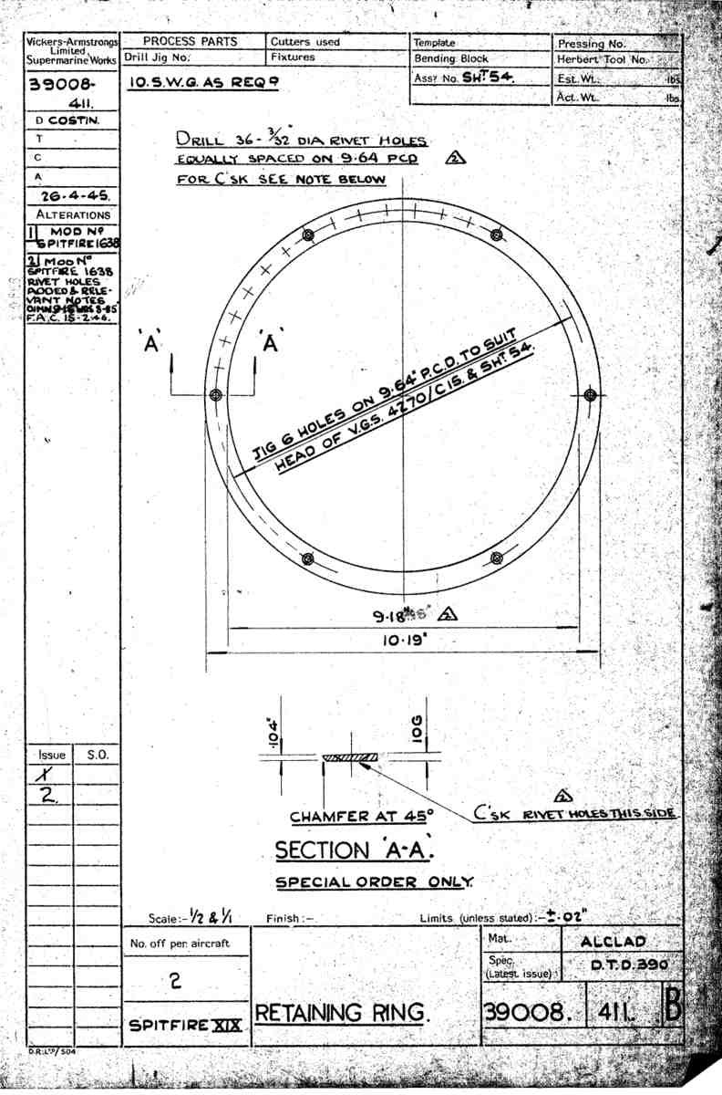 Spitfire Type 390 Mk XIX Blueprints 39008 411 B Retaining Ring A4 Photo Print