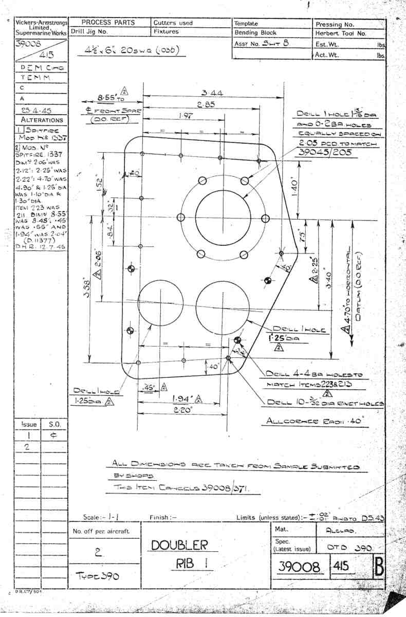 Spitfire Type 390 Mk XIX Blueprints 39008 415 B Doubler Rib1 A4 Photo Print