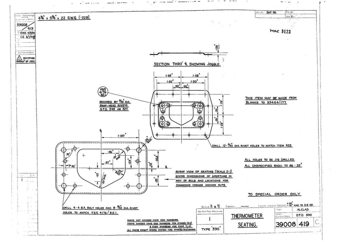 Spitfire Type 390 Mk XIX Blueprints 39008 419 C Thermometer Seating A4 Photo Print