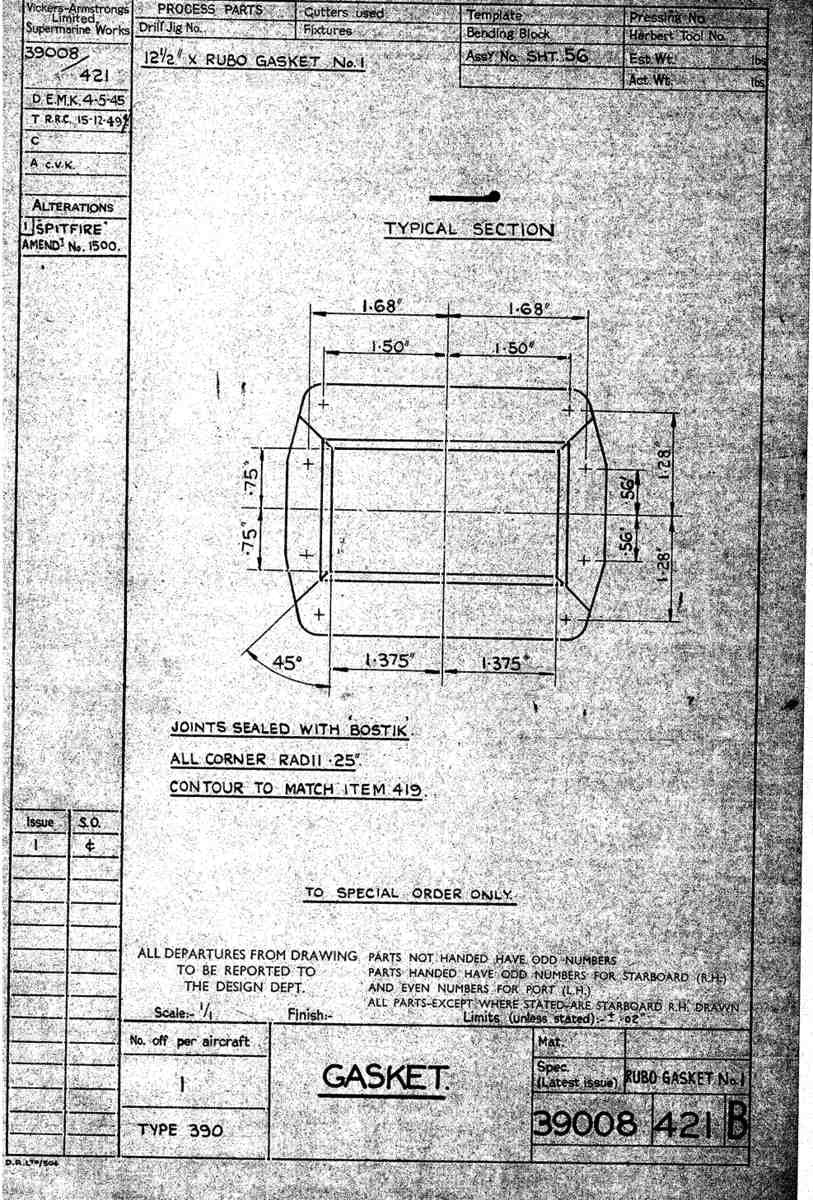 Spitfire Type 390 Mk XIX Blueprints 39008 421 B Gasket A4 Photo Print