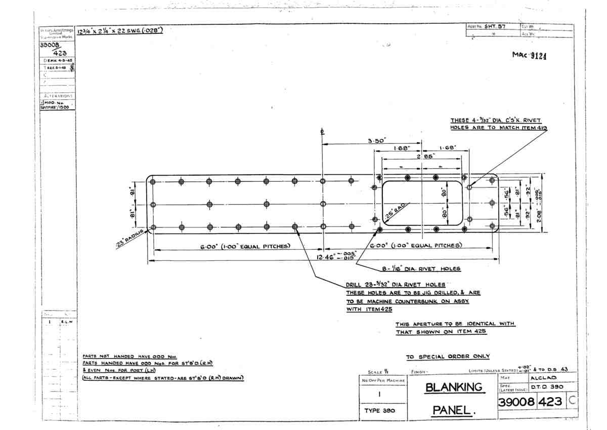 Spitfire Type 390 Mk XIX Blueprints 39008 423 C Blanking Panel A4 Photo Print