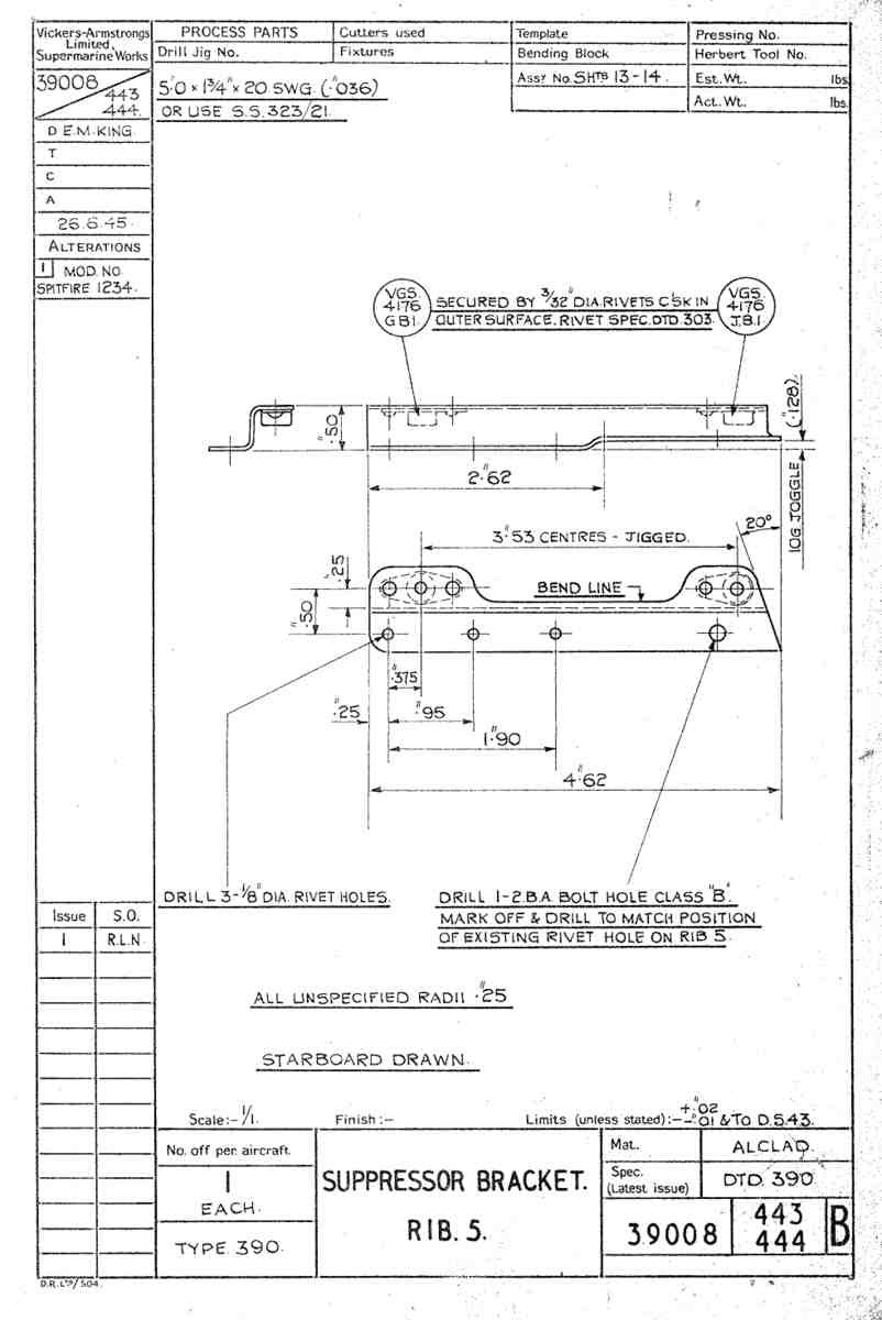 Spitfire Type 390 Mk XIX Blueprints 39008 443,444 B Suppressor Bracket Rib5 A4 Photo Print