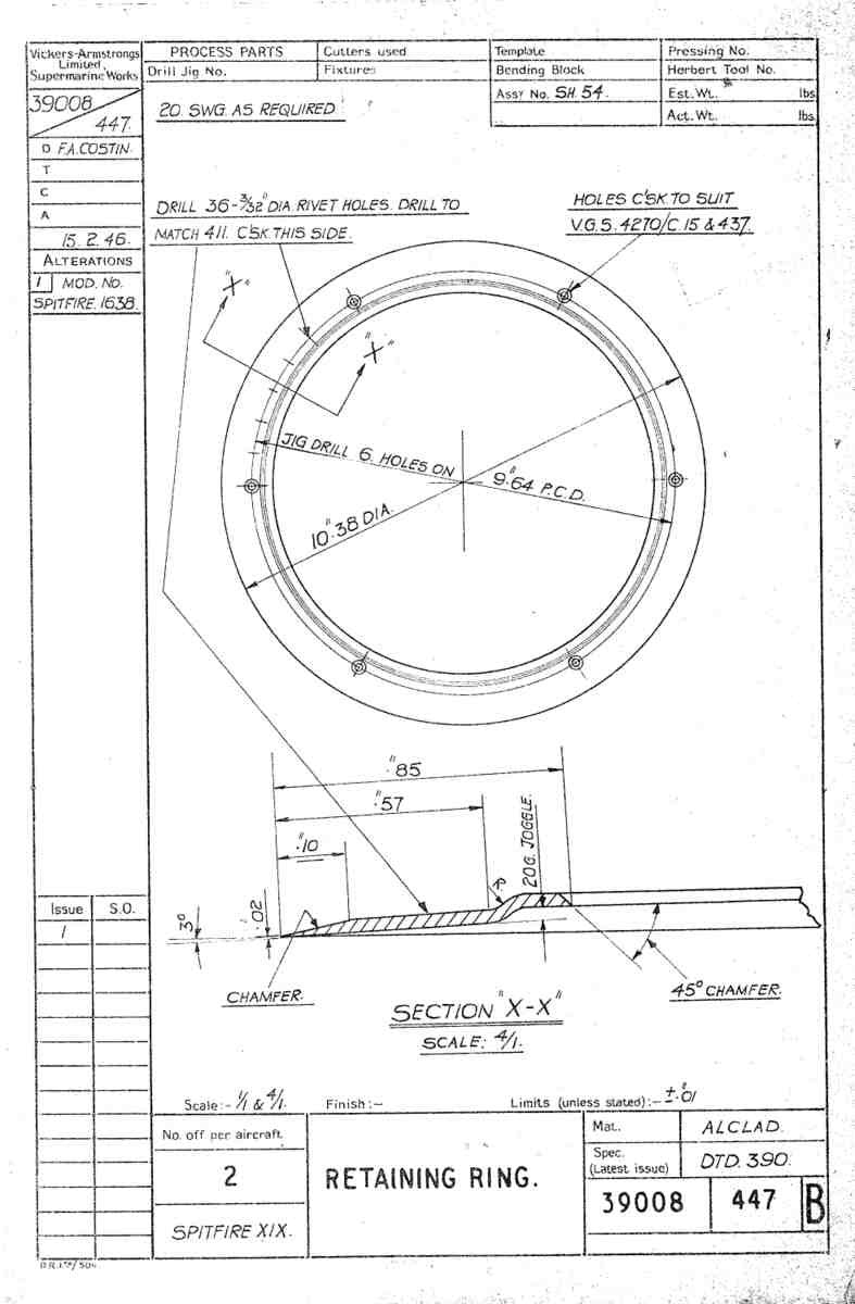 Spitfire Type 390 Mk XIX Blueprints 39008 447 B Retaining Ring A4 Photo Print