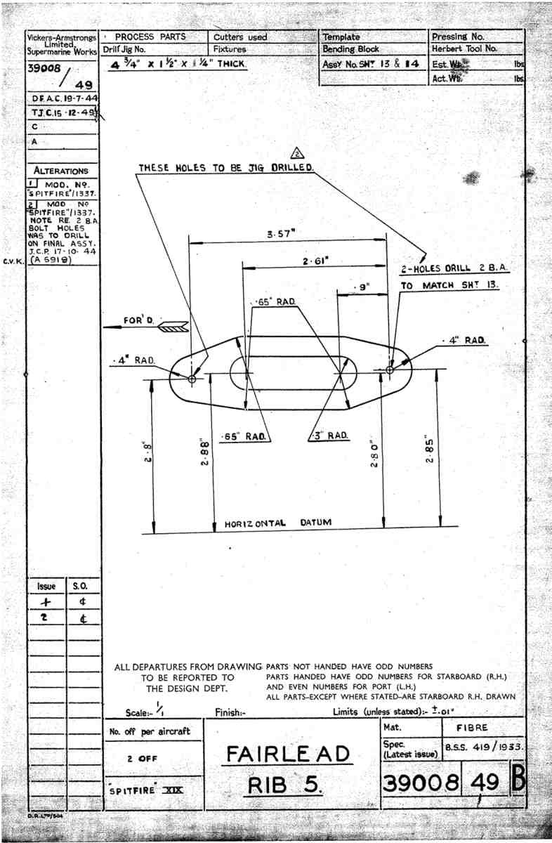 Spitfire Type 390 Mk XIX Blueprints 39008 49 B Fairlead Rib5 A4 Photo Print
