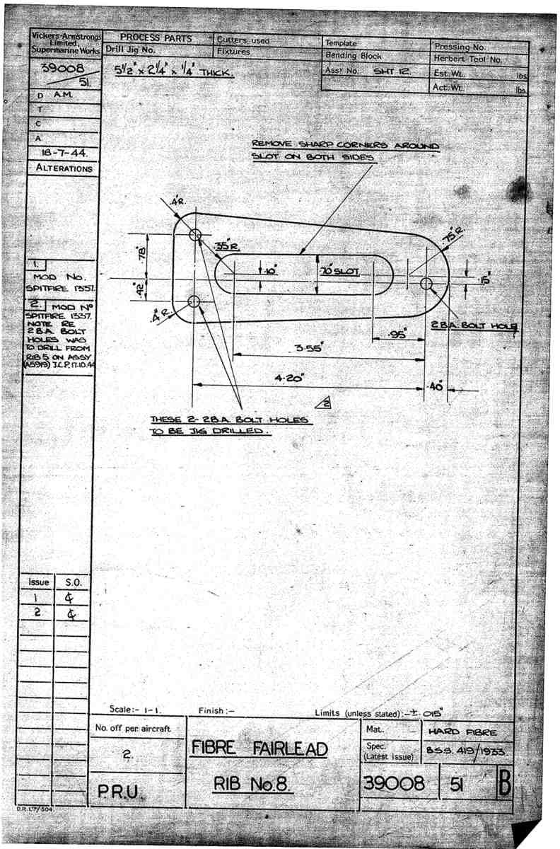 Spitfire Type 390 Mk XIX Blueprints 39008 51 B Fibre Fairlead Rib No8 A4 Photo Print