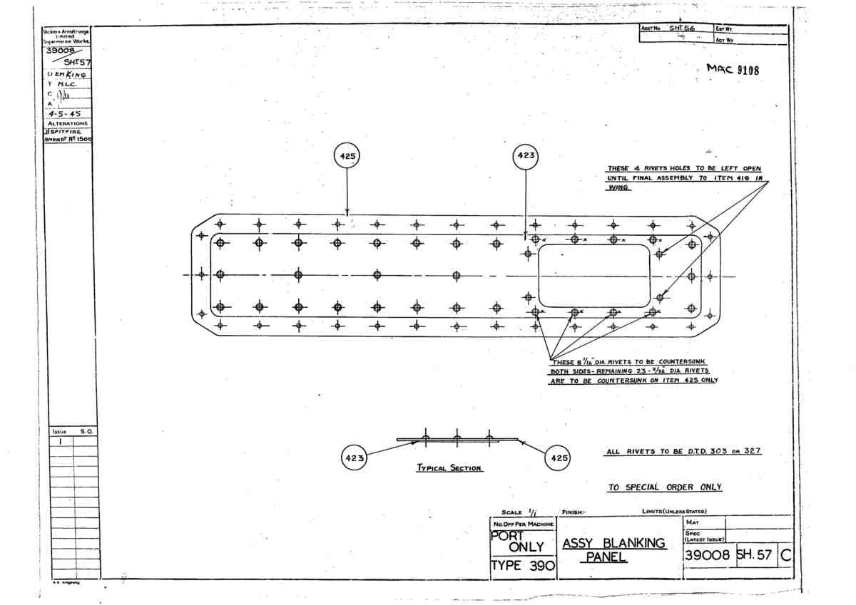 Spitfire Type 390 Mk XIX Blueprints 39008 57 C Assy Blanking Panel A4 Photo Print