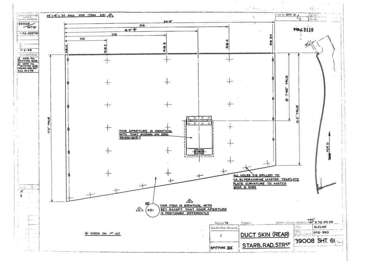 Spitfire Type 390 Mk XIX Blueprints 39008 61 C Duct Skin Rear Starb Rad Structure A4 Photo Print