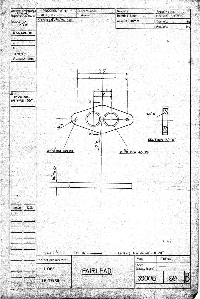 Spitfire Type 390 Mk XIX Blueprints 39008 69 B Fairlead A4 Photo Print