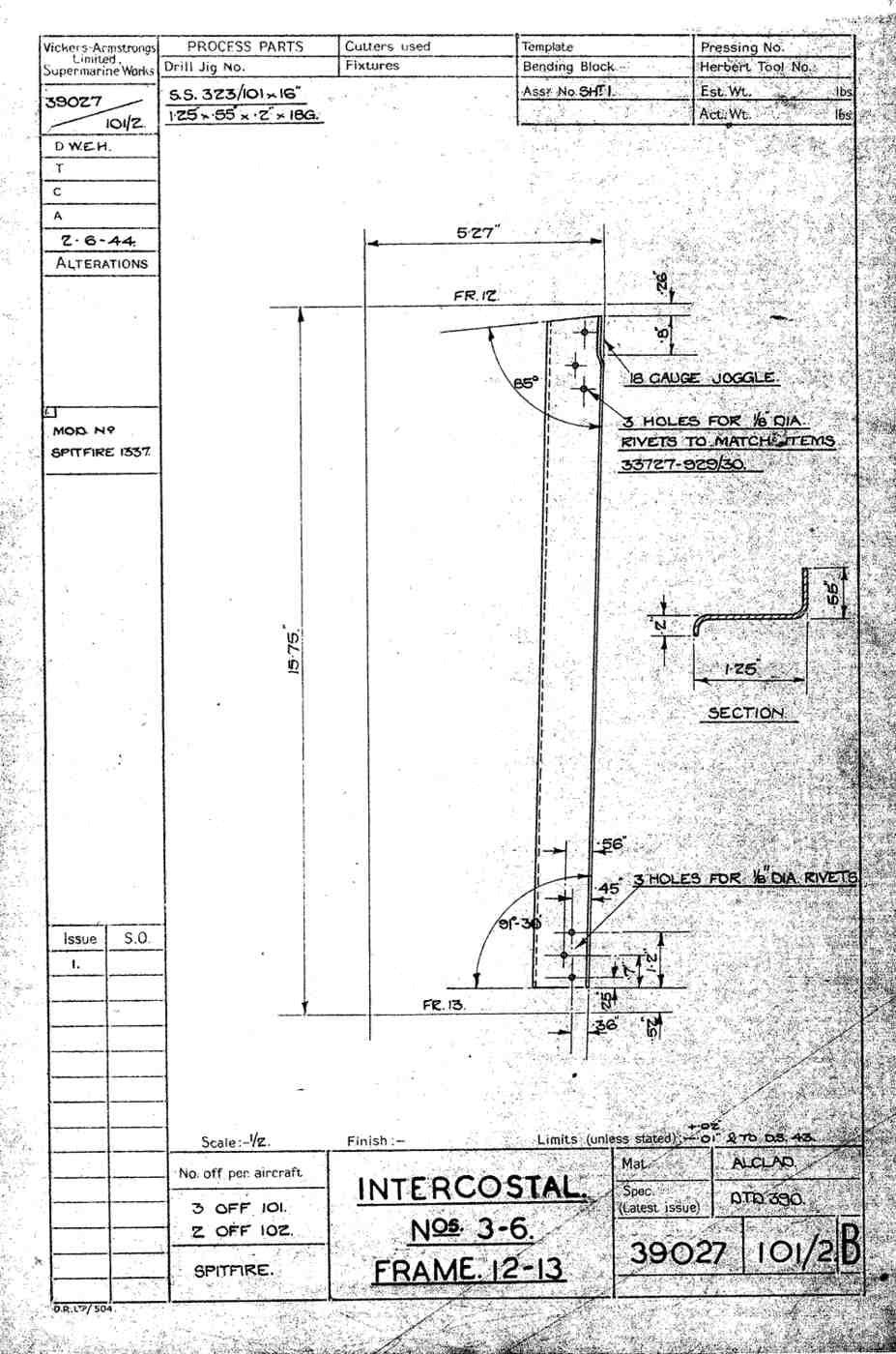 Spitfire Type 390 Mk XIX Blueprints 39027 101102 B Intercostal No 3 6 frame 12 13 A4 Photo Print
