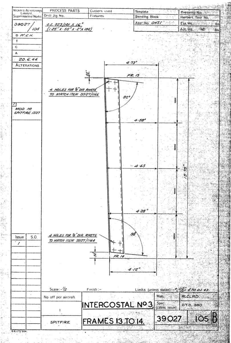 Spitfire Type 390 Mk XIX Blueprints 39027 105 B Intercostal No3 Frames 13 14 A4 Photo Print