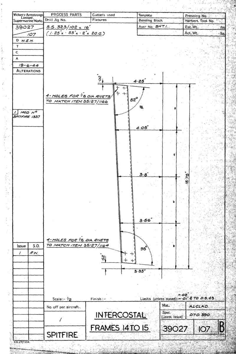 Spitfire Type 390 Mk XIX Blueprints 39027 107 B Intercostal Frames 14 15 A4 Photo Print