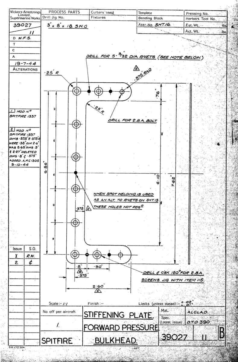 Spitfire Type 390 Mk XIX Blueprints 39027 11 B Stiffening Plate Forward Pressure Bulkhead A4 Photo Print