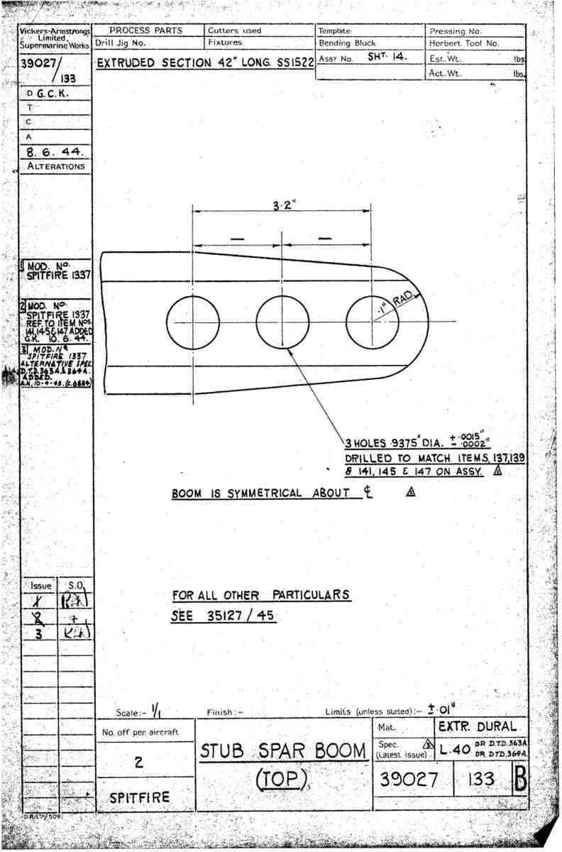 Spitfire Type 390 Mk XIX Blueprints 39027 133 B Stub Spar Boom Top A4 Photo Print