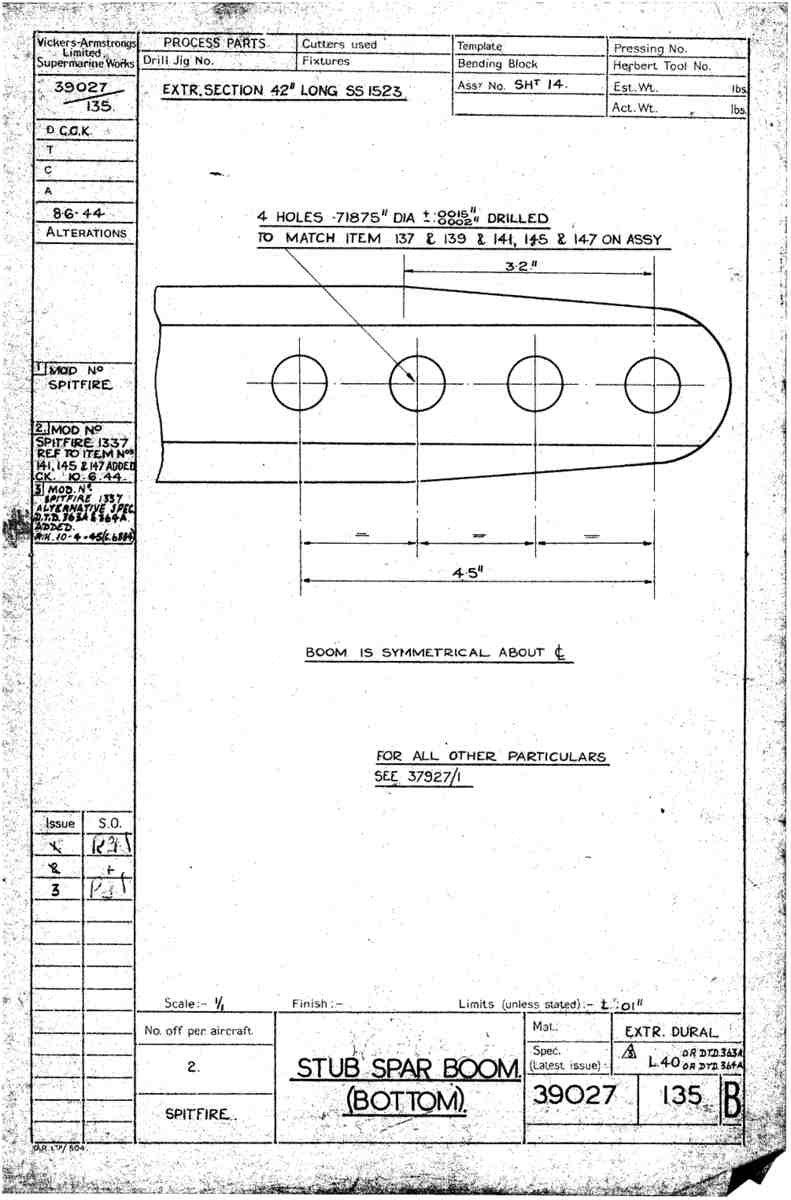 Spitfire Type 390 Mk XIX Blueprints 39027 135 B Stub Spar Boom Bottom A4 Photo Print