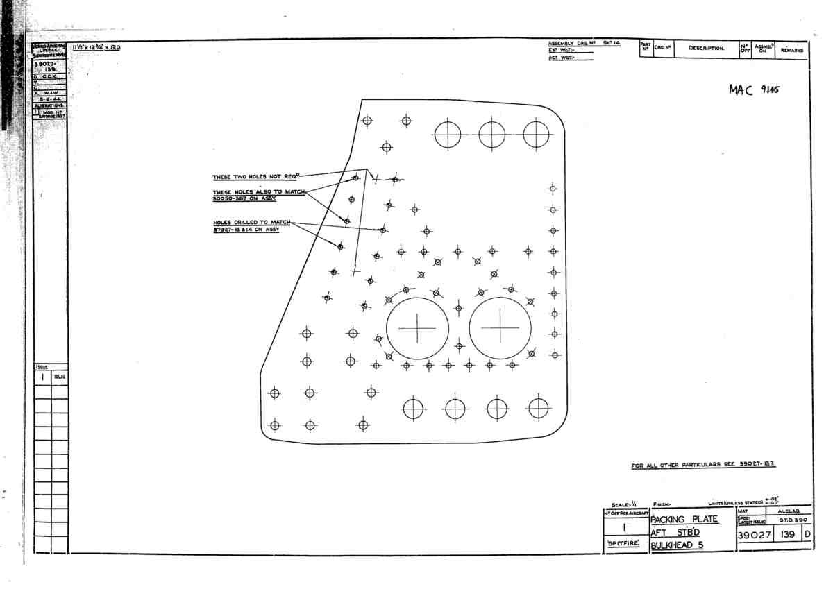 Spitfire Type 390 Mk XIX Blueprints 39027 139 D Packing Plate Aft Stbd Bulkhead 5 A4 Photo Print