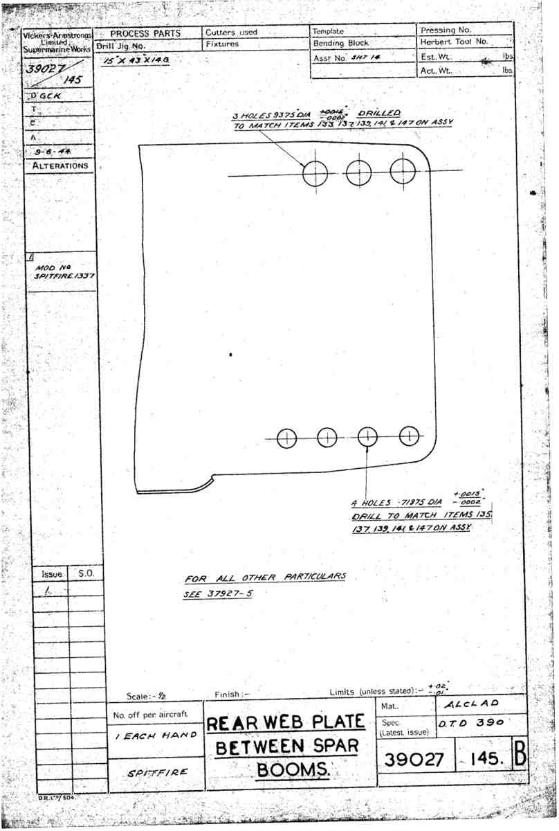 Spitfire Type 390 Mk XIX Blueprints 39027 145 B Rear Web Plate Between Spar Booms A4 Photo Print