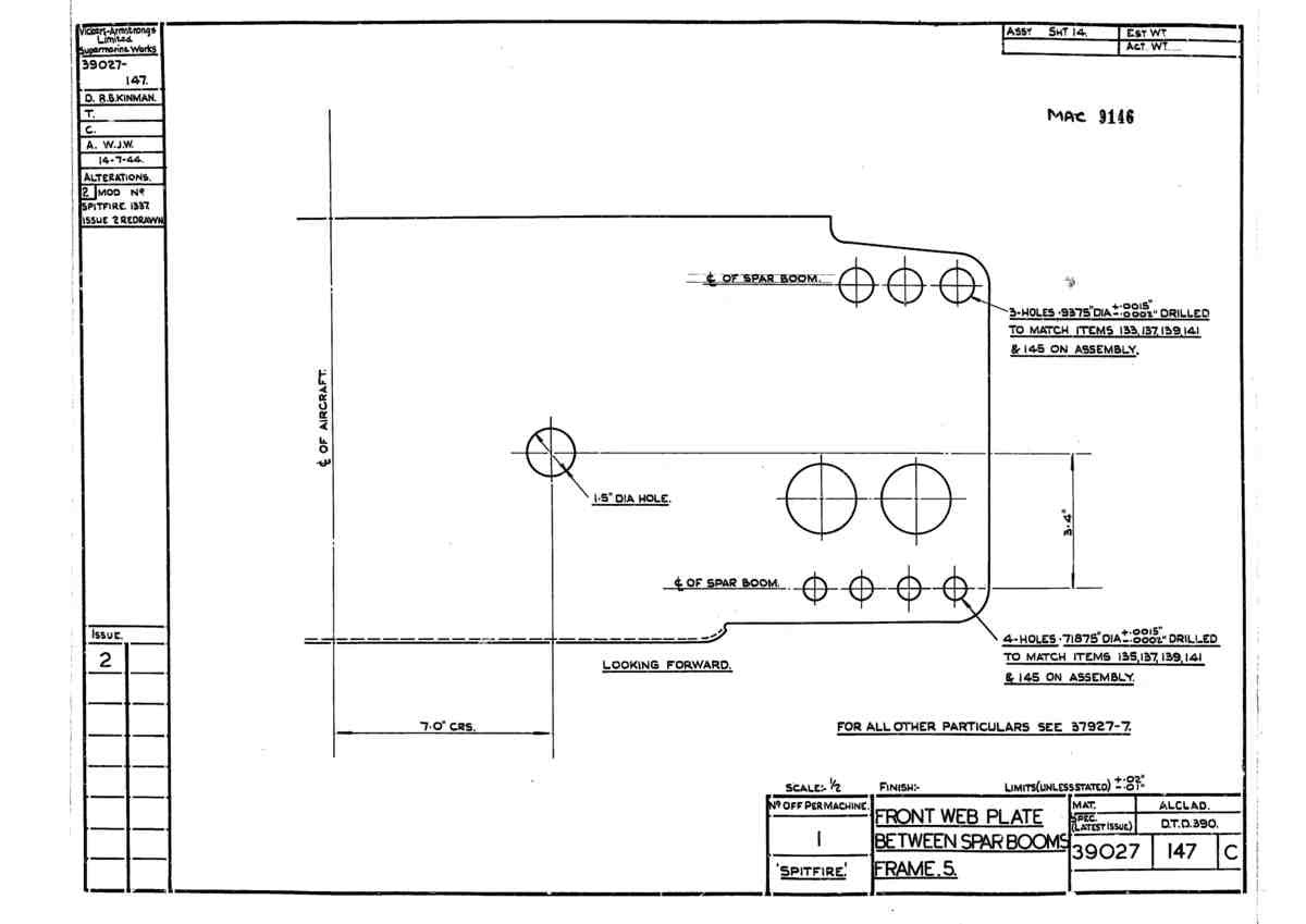 Spitfire Type 390 Mk XIX Blueprints 39027 147 C Front Web Plate between Spar Booms frame 5 A4 Photo Print