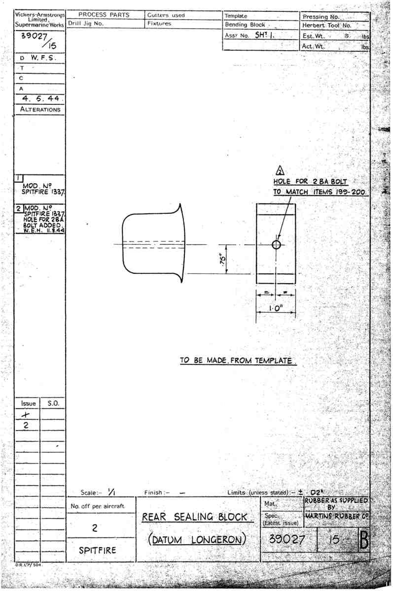 Spitfire Type 390 Mk XIX Blueprints 39027 15 B Rear Sealing Block Datum Longeron A4 Photo Print